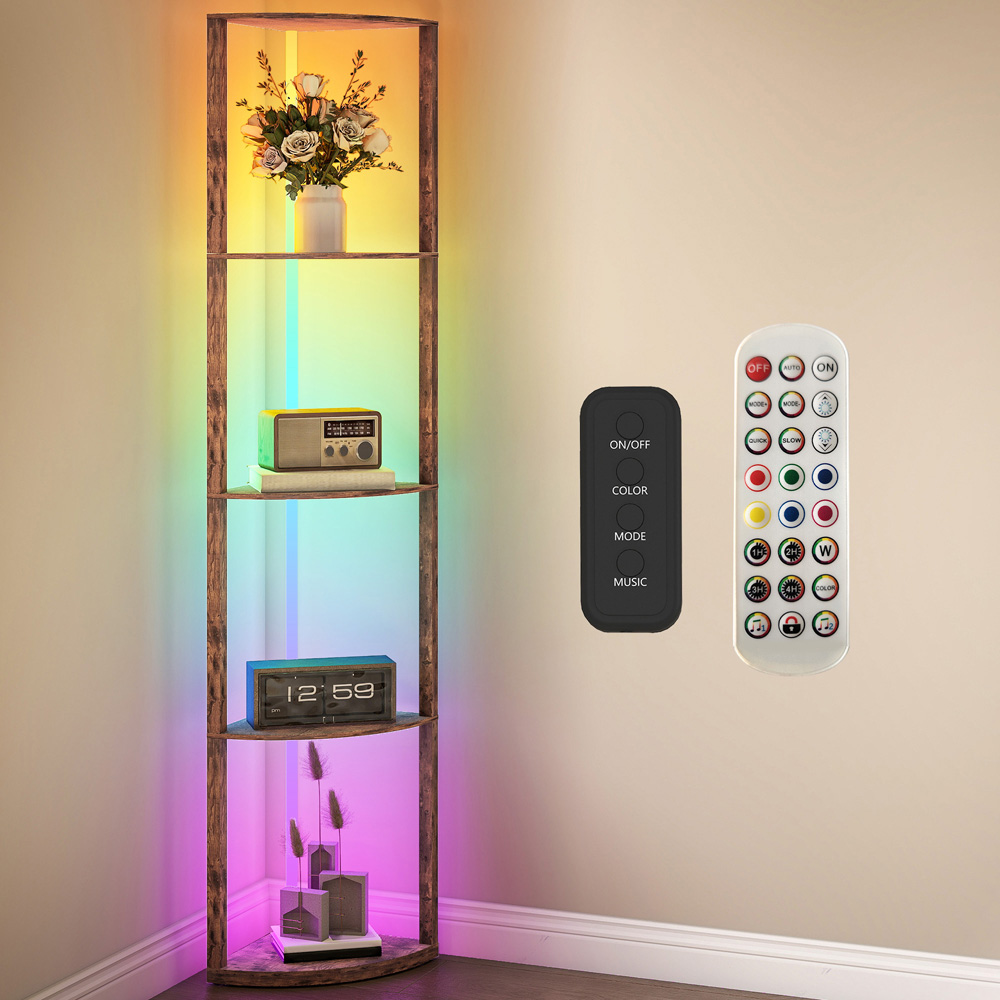 HOMCOM 5 Shelf Rustic Brown Dimmable RGB LED Floor Lamp Image 2