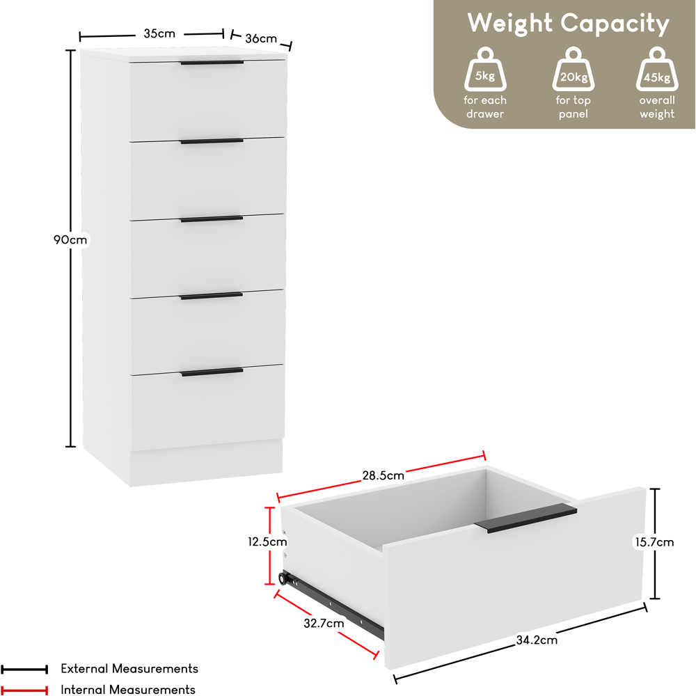 VIDA DESIGNS Trega 5 Drawer White Narrow Bedside Cabinet Image 9