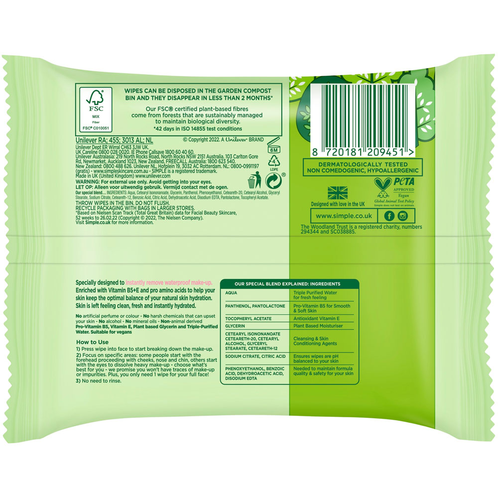 Simple Biodegradable Cleansing Wipes 50 Wipes Image 2