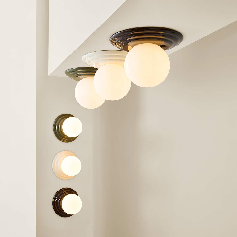 ValueLights Rue Frosted Glass Shade Cream Ribbed Ceramic Base Flush Ceiling Light with Bulb Image 6