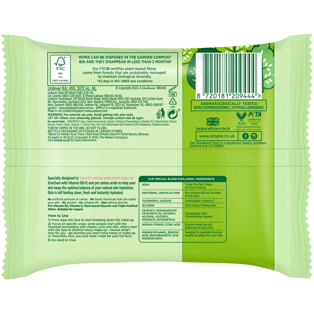 Simple Biodegradable Cleansing Wipes 25 Wipes Image 3