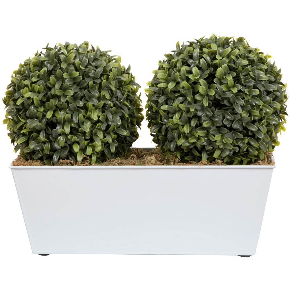 GreenBrokers Artificial Boxwood Double Bay Ball in White Window Box 35cm Image 2