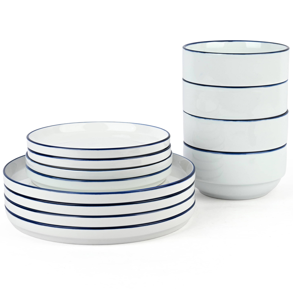 Waterside Blue Rim White Stackable 12 Piece Dinner Set Image 6