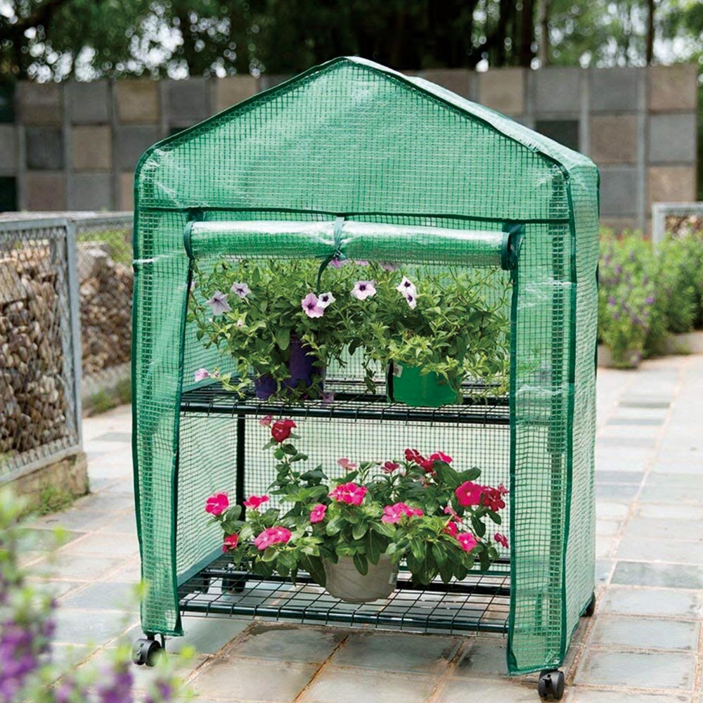 St Helens 2 Tier Green Plastic 2.3 x 1.6ft Mini Greenhouse with Wheels Image 2