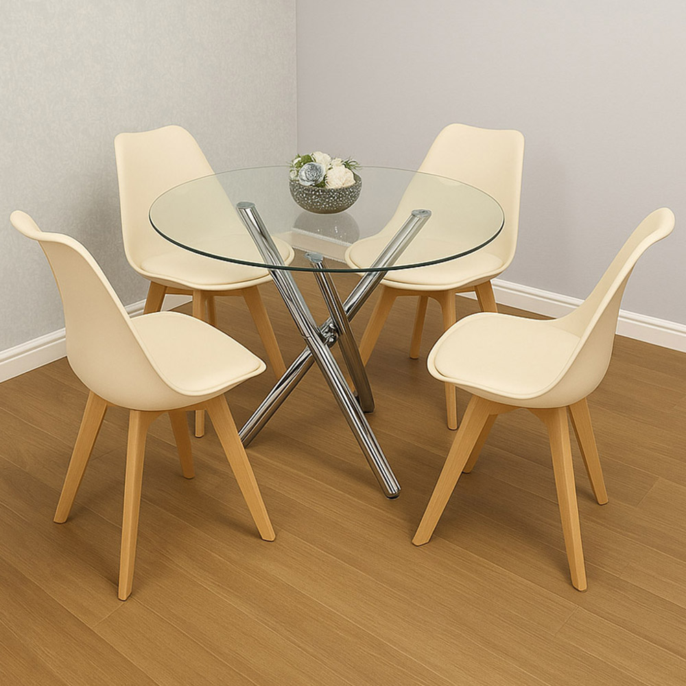 Kosy Koala 4 Seater Clear Glass Faux Leather Round Dining Set Cream Image 1