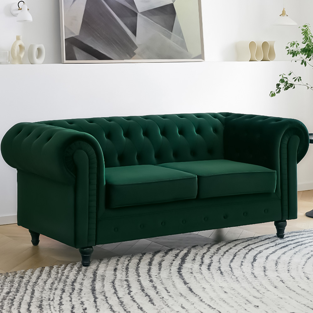 Home Detail Chesterfield 2 Seater Pleat Green Velvet Sofa Image 1