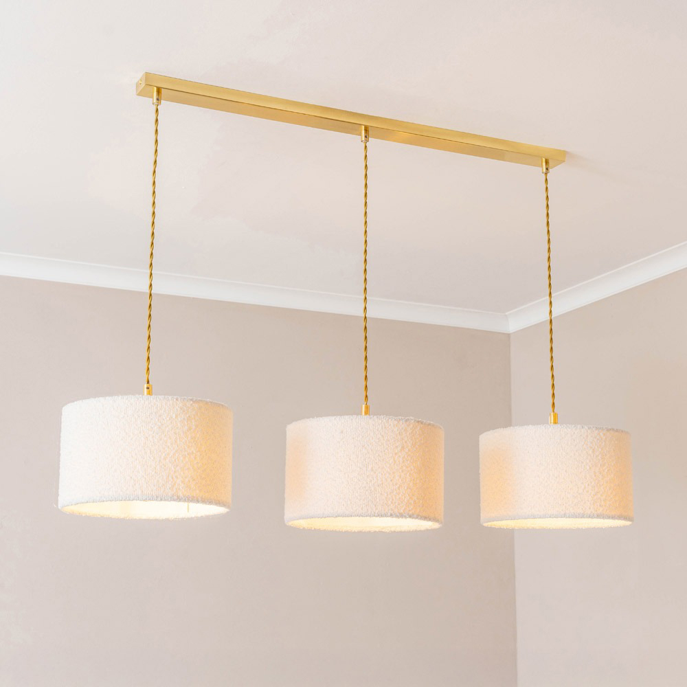 ValueLights Reni Cream Boucle Drum Shade 3 Drop Bar Gold Diner LED Ceiling Light Image 2