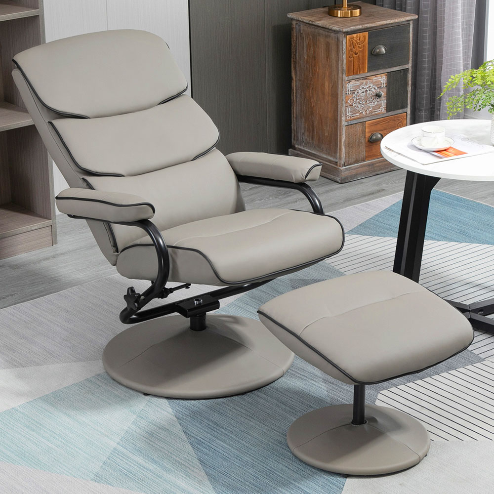 Portland Grey Faux Leather Swivel Manual Recliner Chair with Footstool Image 1