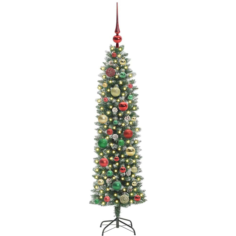 vidaXL Pre-Lit Warm White LED and Multicolour Baubles Green Slim Artificial Christmas Tree 4ft Image 2