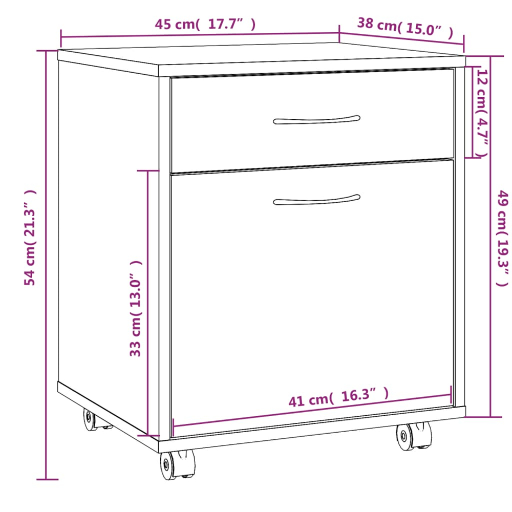 vidaXL Single Door Single Drawer Smoked Oak Rolling Storage Cabinet Image 7