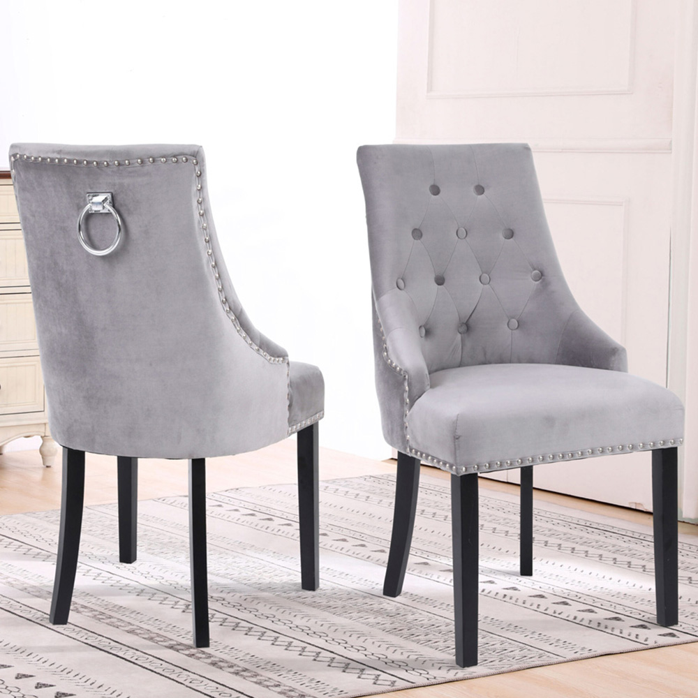 Neo Set of 2 Grey Studded Velvet Dining Chair Image 1