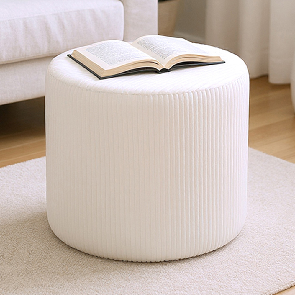 Living and Home Beige Corduroy Ribbed Upholstered Round Footstool Image 1