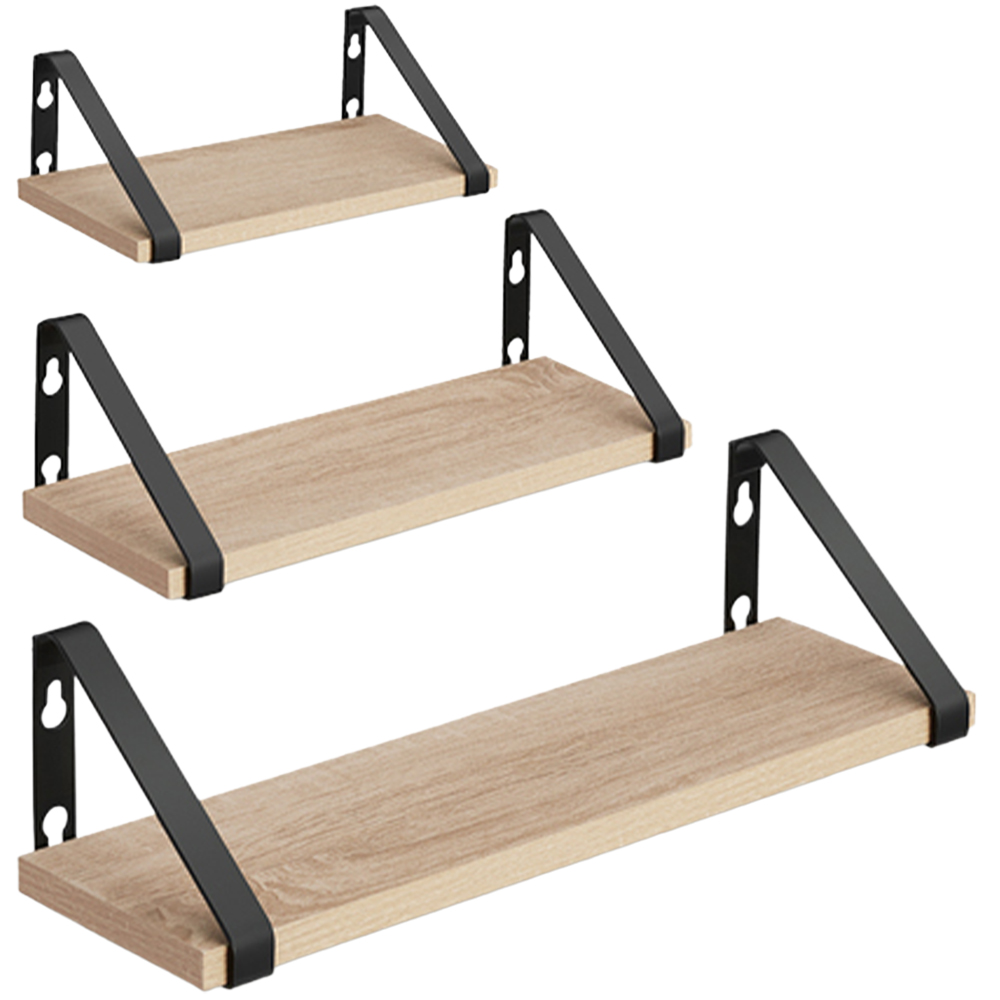 tectake Oak Wall Shelf with Decorative Metal Bracket Set of 3 Image 1