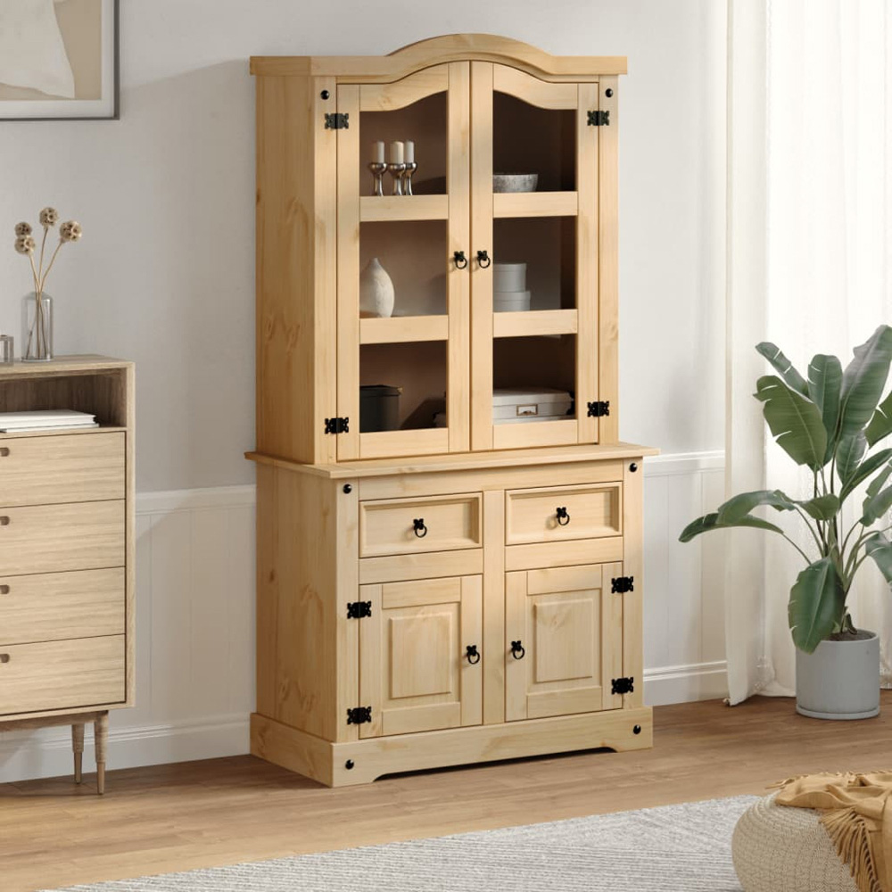 vidaXL 4 Door 2 Drawer 3 Shelf Brown Solid Pine Wood Glass Display Cabinet Image 7