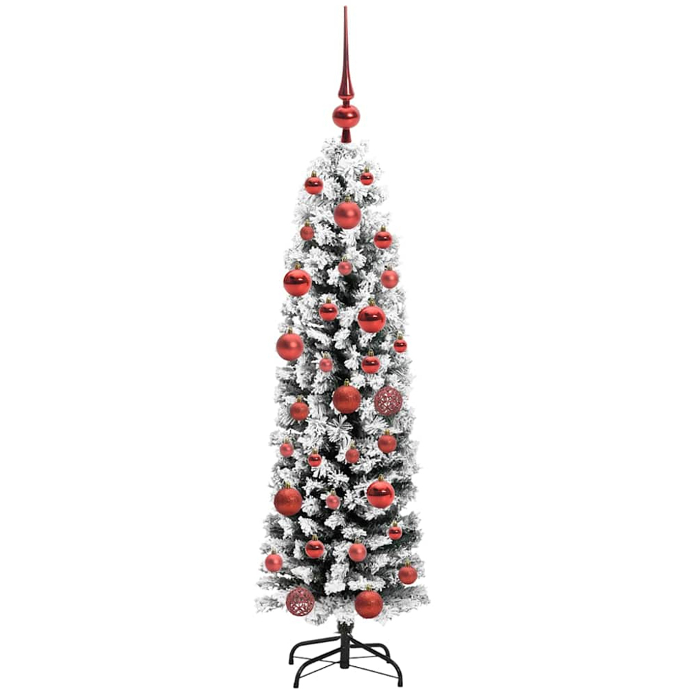 vidaXL Green Snow Flocked Artificial Christmas Tree with LEDs Red Decoration Ornaments 5ft Image 4
