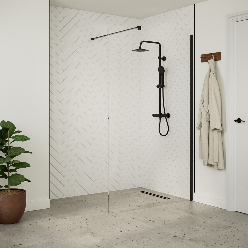 Bathstore Nero Glass Wetroom Shower Panel with Matt Black Profile and Front Bar 1200mm Image 2