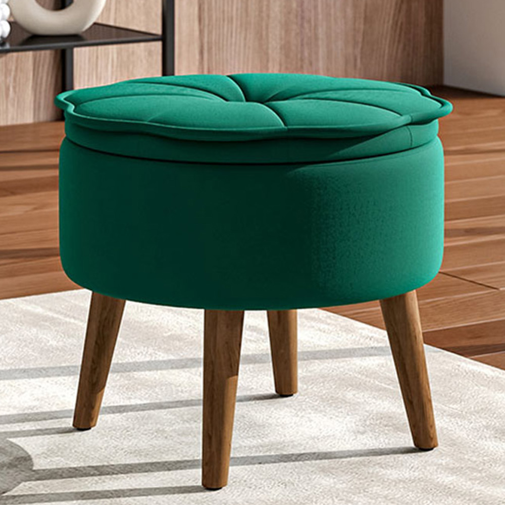 Living and Home Green Velvet Round Storage Ottoman Image 1