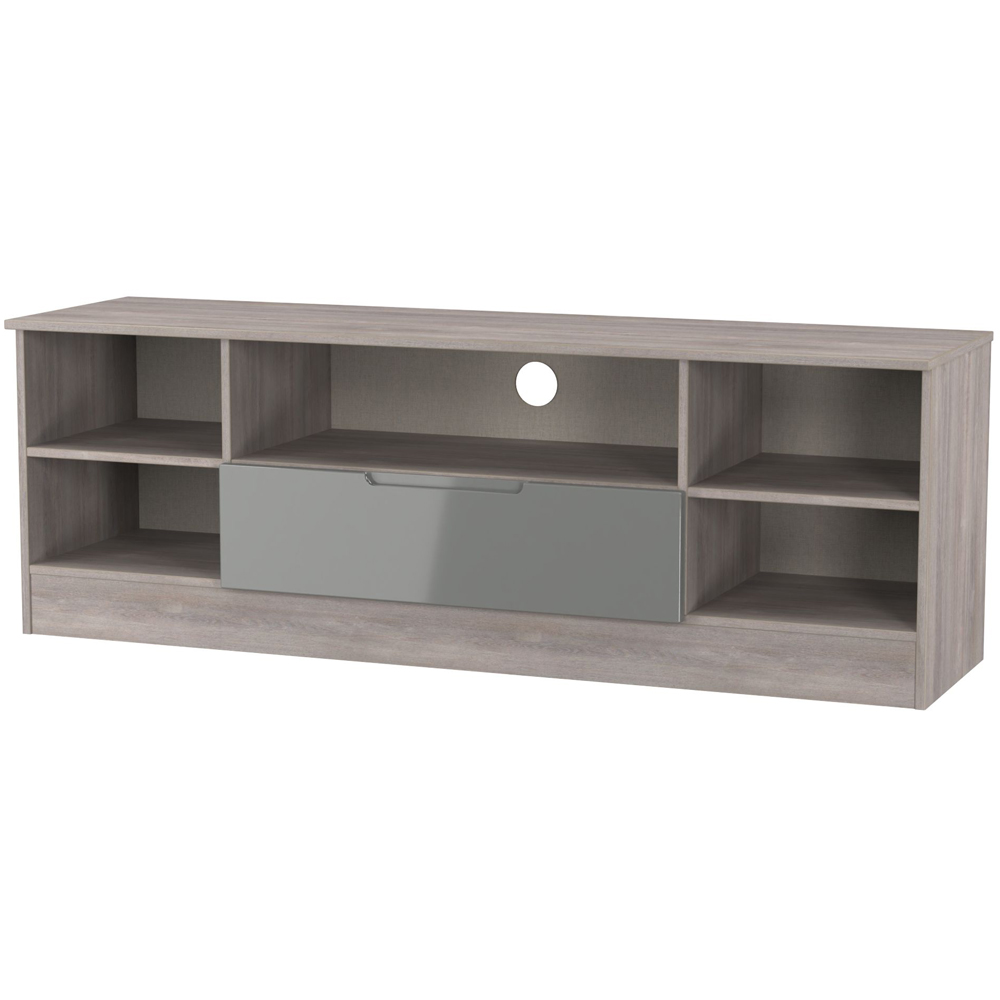 Crowndale Milan Single Drawer 5 Shelf Grey Gloss and Grey Oak Wide TV Unit Ready Assembled Image 2