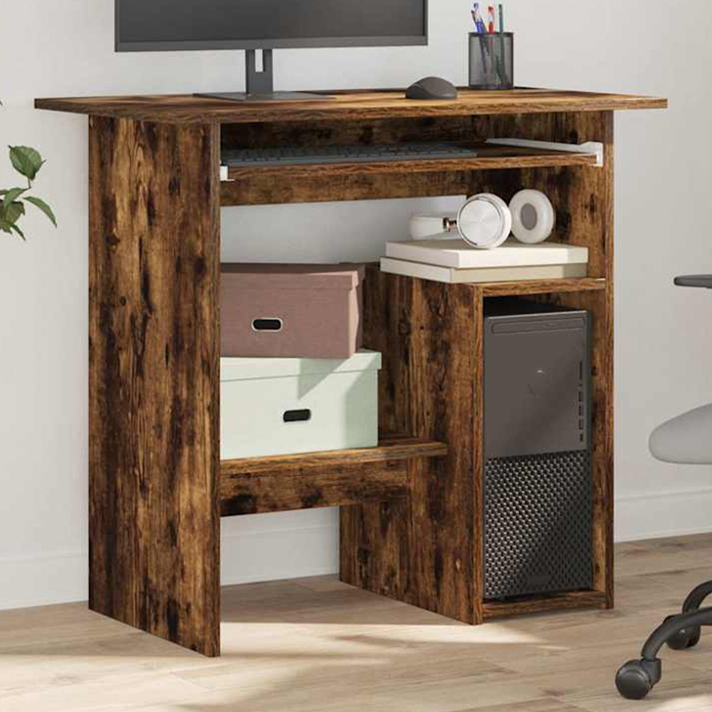 vidaXL 3 Shelf Computer Desk with Keyboard Tray Smoked Oak Image 1