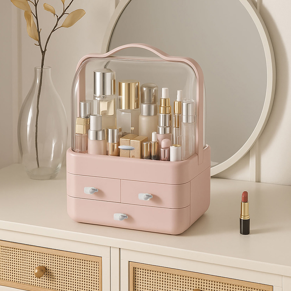 Neo 3 Drawer Pink Acrylic Makeup Storage Organiser with Lid Image 2