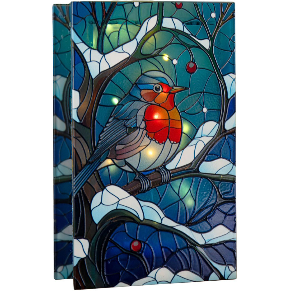 Samuel Alexander 50 Warm White LED Robin Scene Light Up Stained Glass Decoration 21cm Image 1