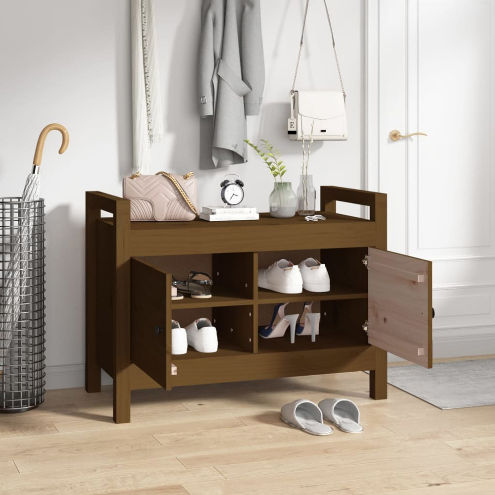 vidaXL 2 Door Honey Brown Solid Wood Pine Hall Bench Image 6
