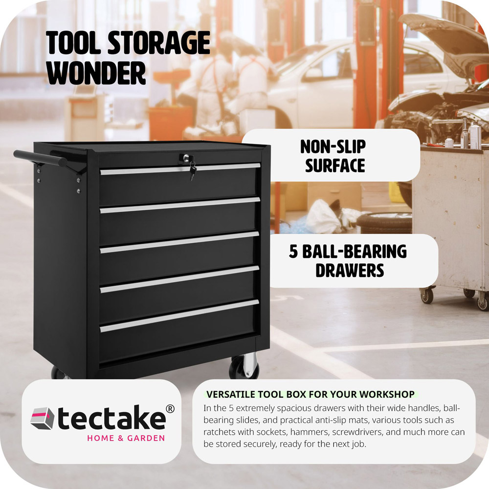tectake 5 Drawer Black Tool Chest of Drawers with Wheels Image 5