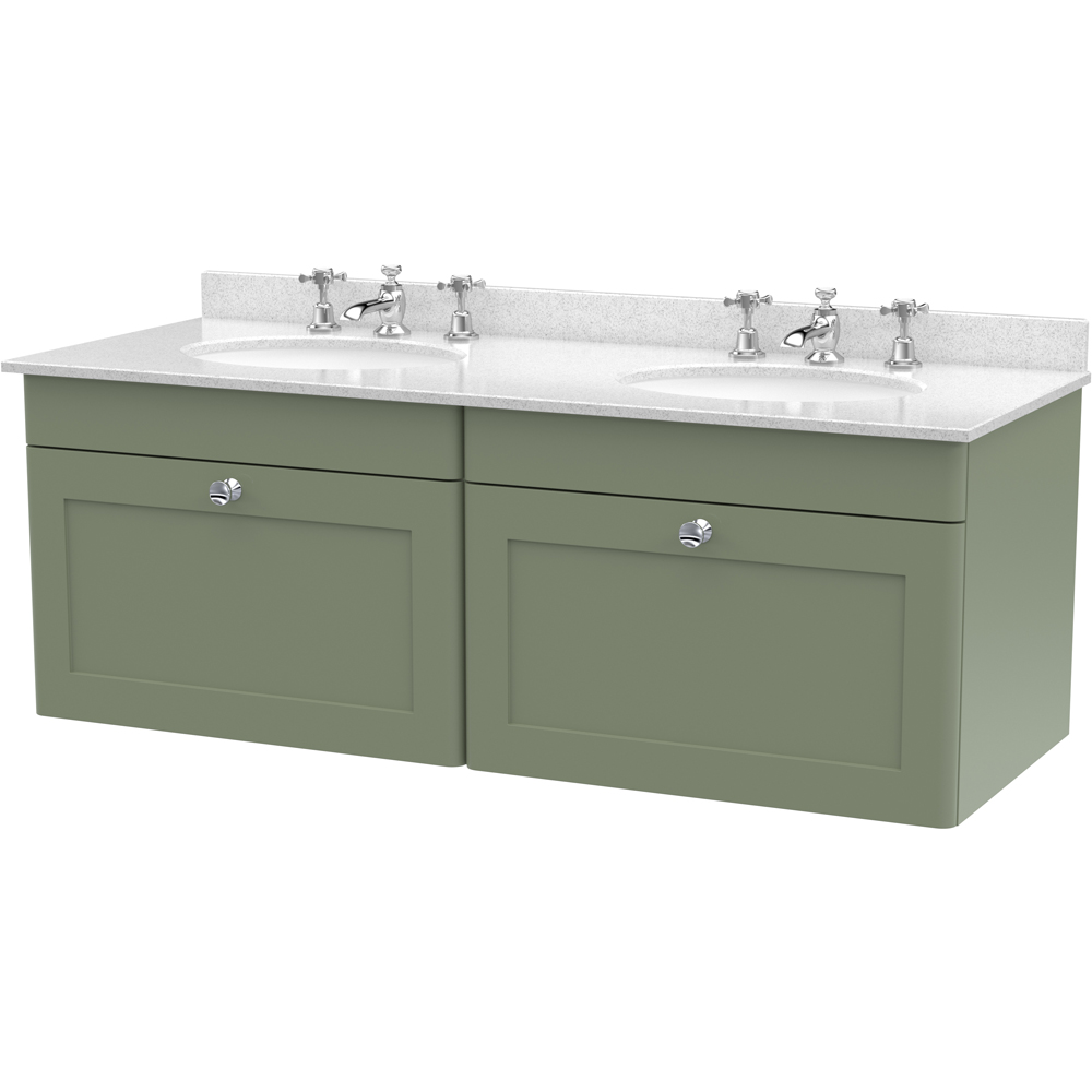 nuie Classique 2 Drawer Satin Green and White Wall Hung Unit and 3 Tap Hole Marble Basin 1200mm Image 1