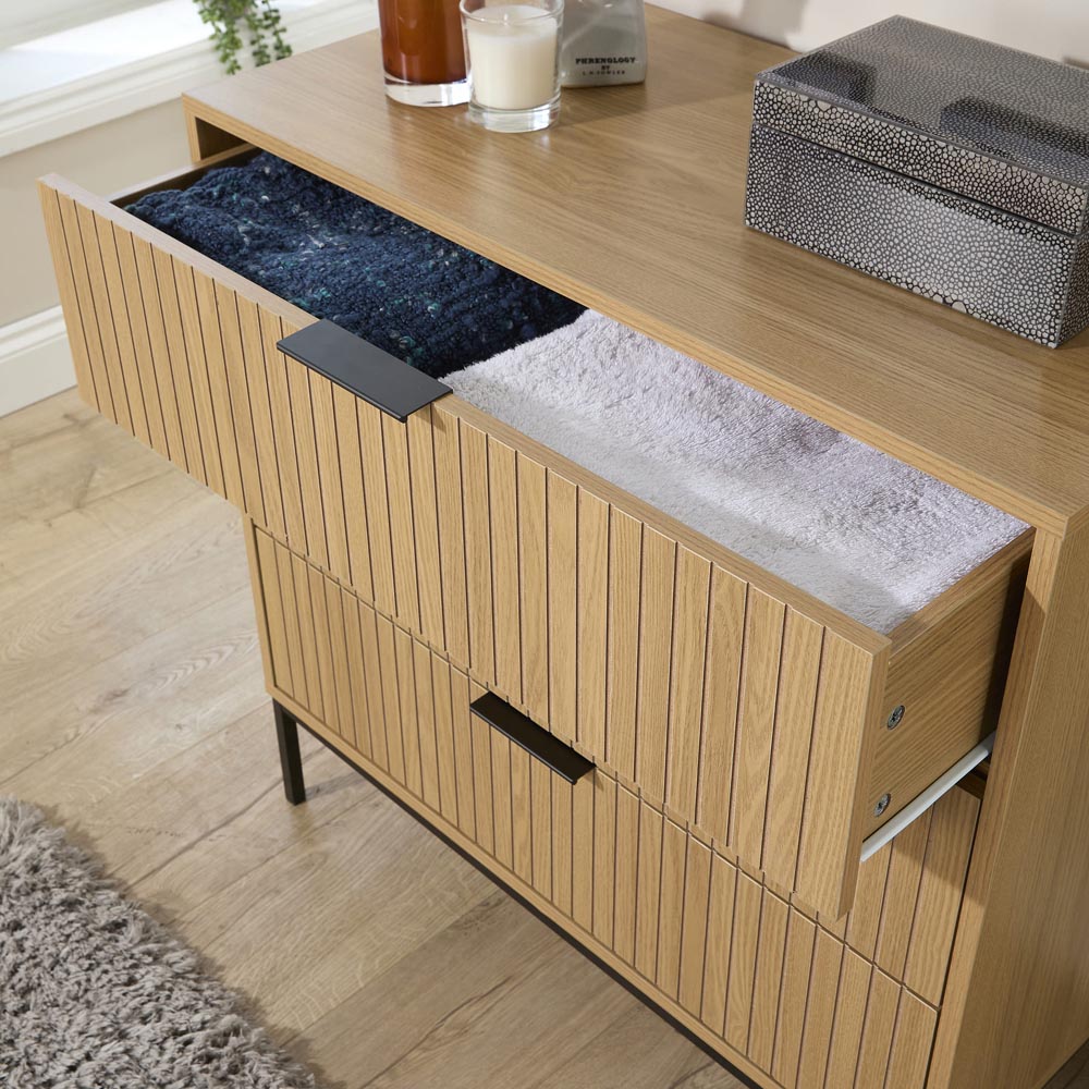 Home Source Wisbench 3 Drawer Oak and Black Wooden Wide Chest of Drawers Image 7