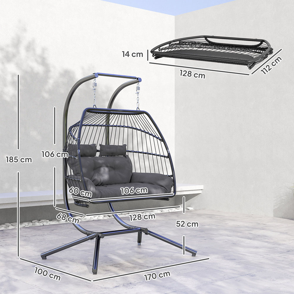 Outsunny 2 Seater Dark Grey Rattan Hanging Egg Chair with Stand and Cushion Image 9