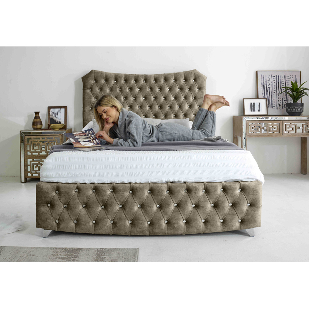 Eleganza Valentino Small Double Oatmeal Marble Fabric Bed with Chesterfield Headboard and Footboard Image 8
