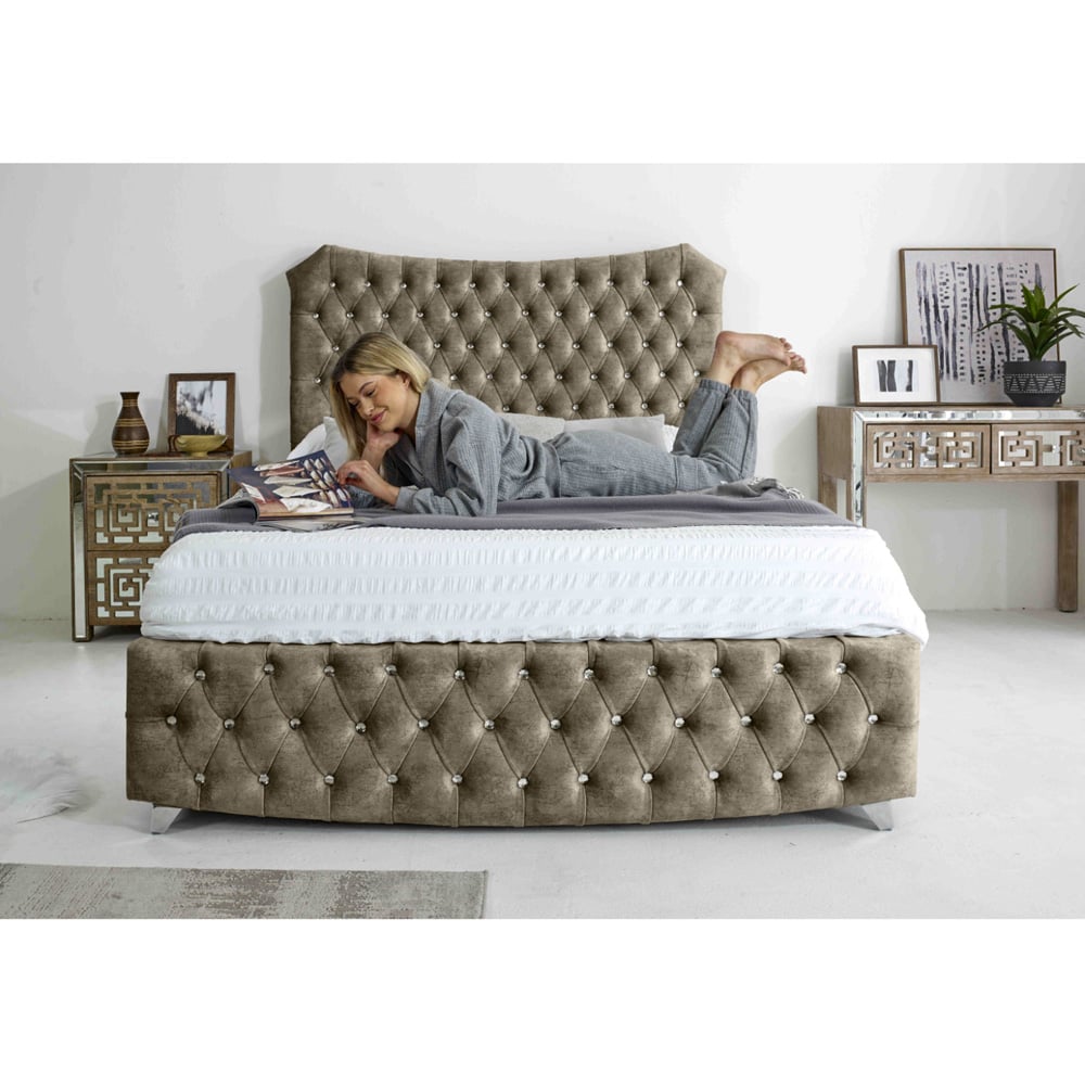 Eleganza Valentino Double Oatmeal Marble Fabric Bed Frame with Chesterfield Headboard and Footboard Image 8