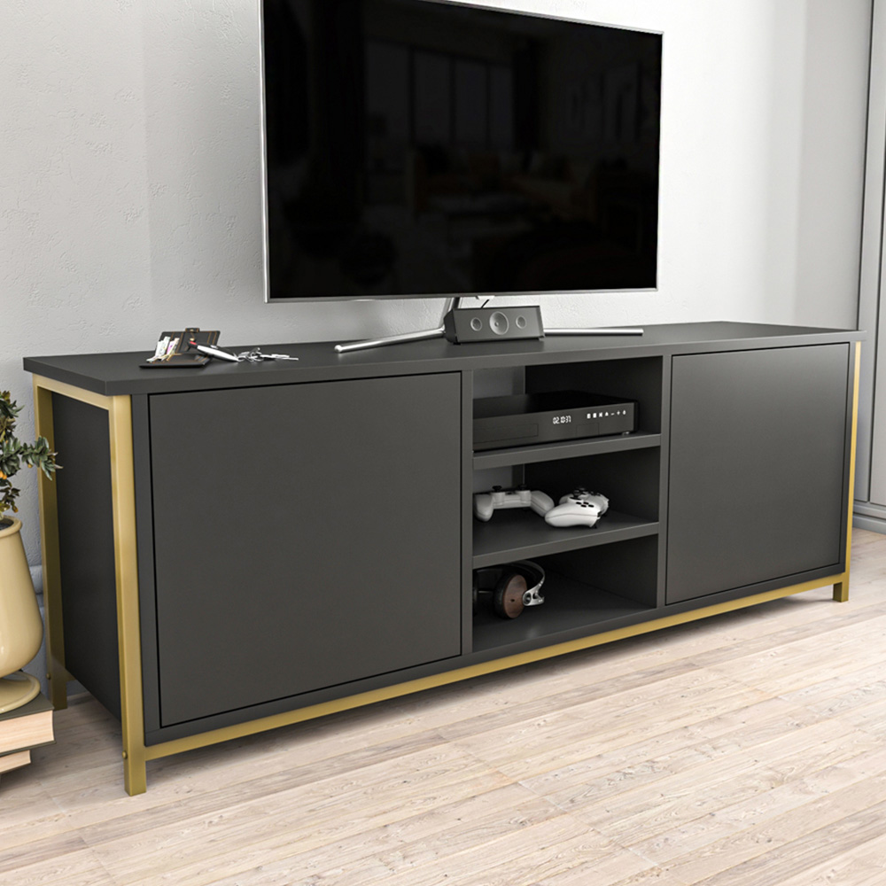 Decorotika Otis 2 Door 3 Shelf Gold and Anthracite TV Stand for 63 inch TV Image 1