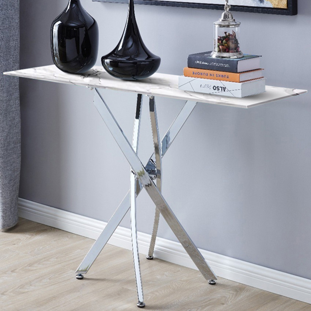 Furniturebox Tavalo White Marble Effect Console Table with Silver Legs Image 1