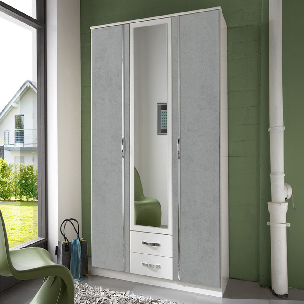 TJ'S Clack 3 Door 2 Drawer Grey and White Wardrobe with Mirror Image 1
