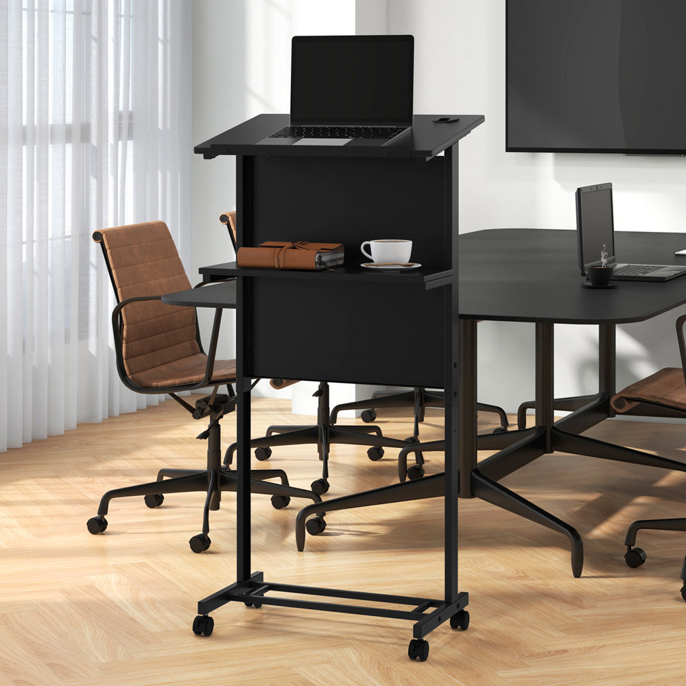 Costway Black Adjustable Rolling Podium Stand with Tilted Tabletop Image 5