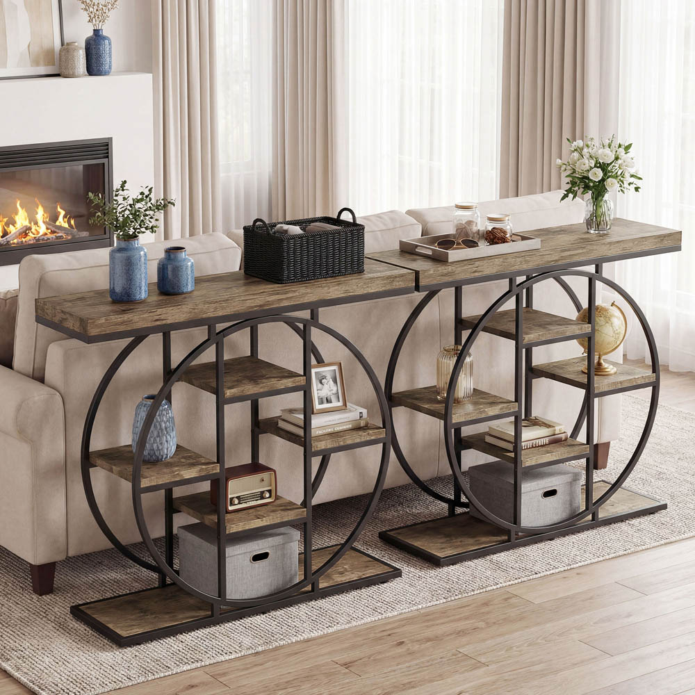 Portland 6 Shelf Rustic Brown Industrial Console Table Image 5