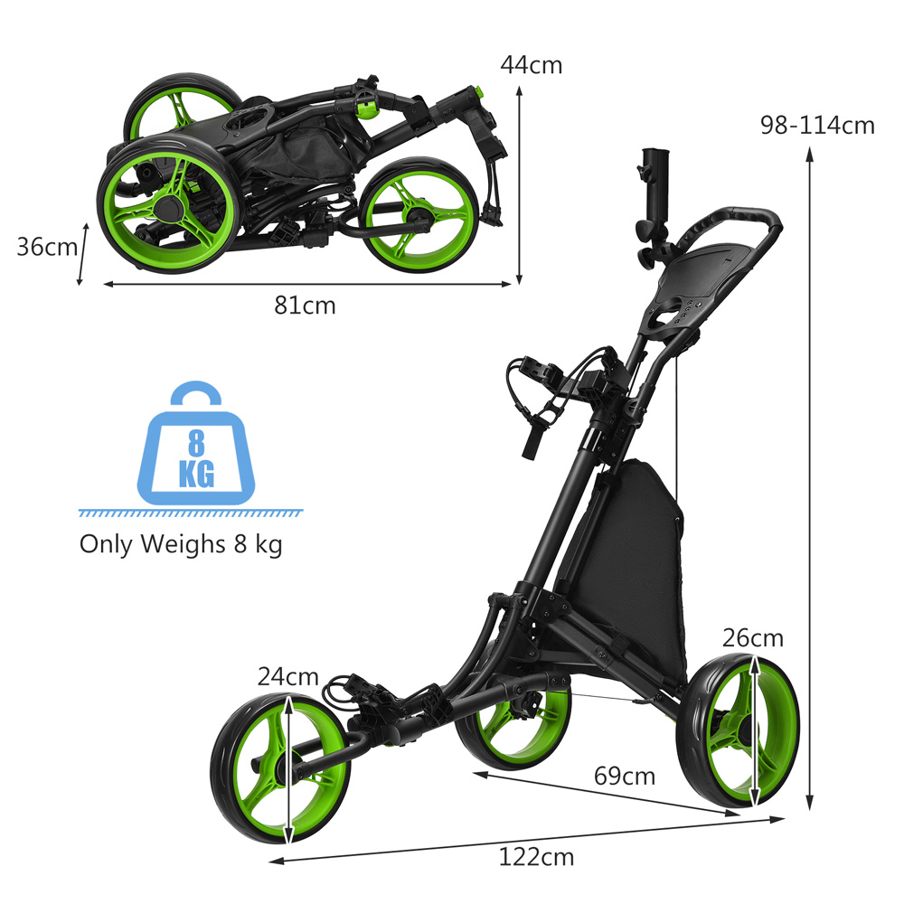 Costway 3 Wheel Green Golf Trolley with Adjustable Handle Image 9