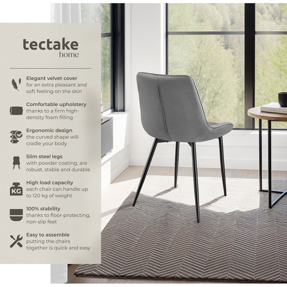 tectake Monroe Set of 4 Grey Velvet Padded Dining Chair Image 8