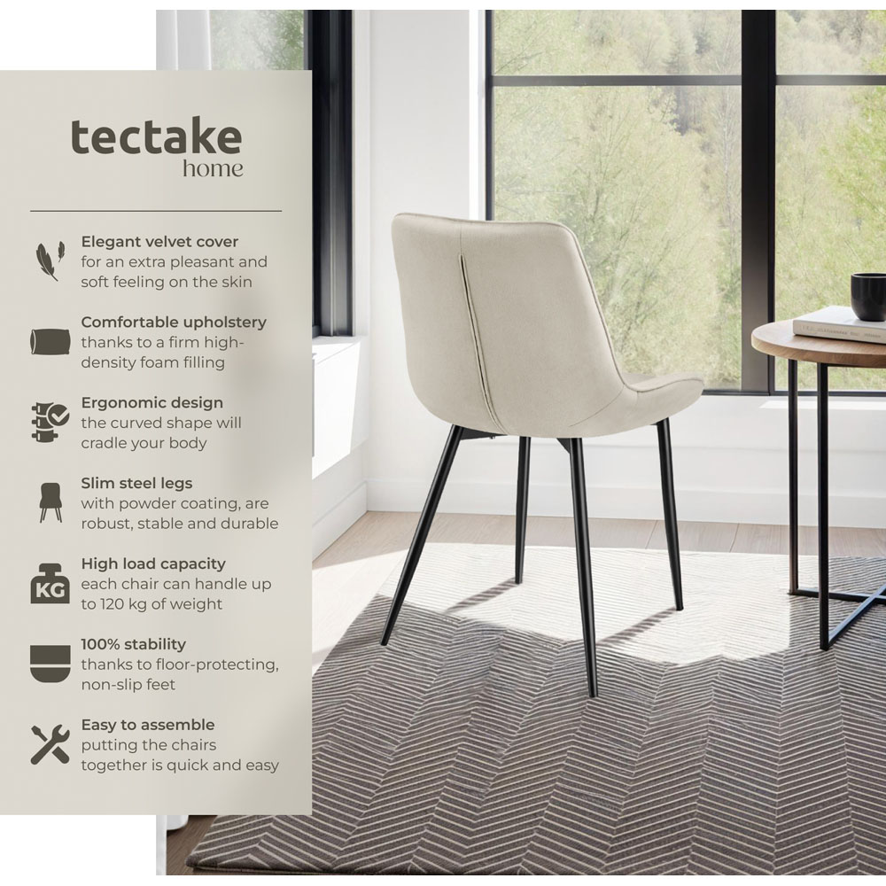 tectake Monroe Set of 2 Cream Velvet Padded Dining Chair Image 8