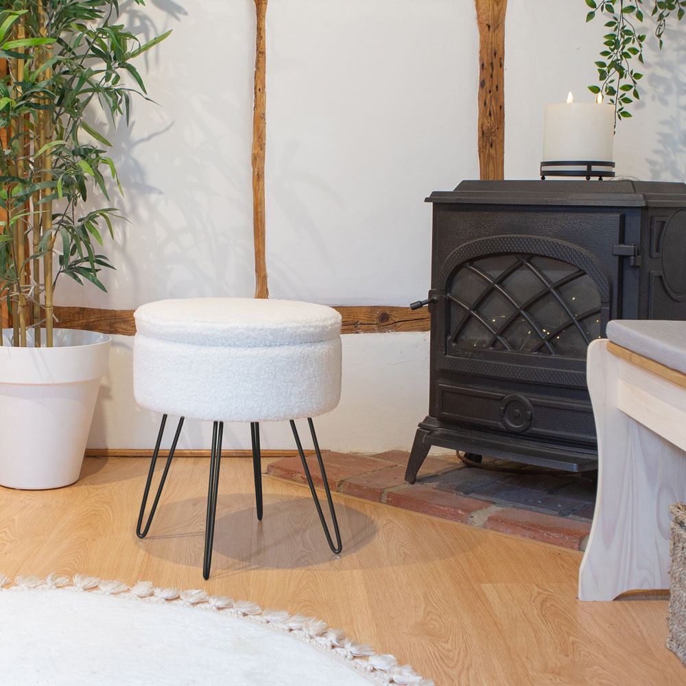 Harbour Housewares Cream and Black Boucle Round Footstool with Storage Image 6