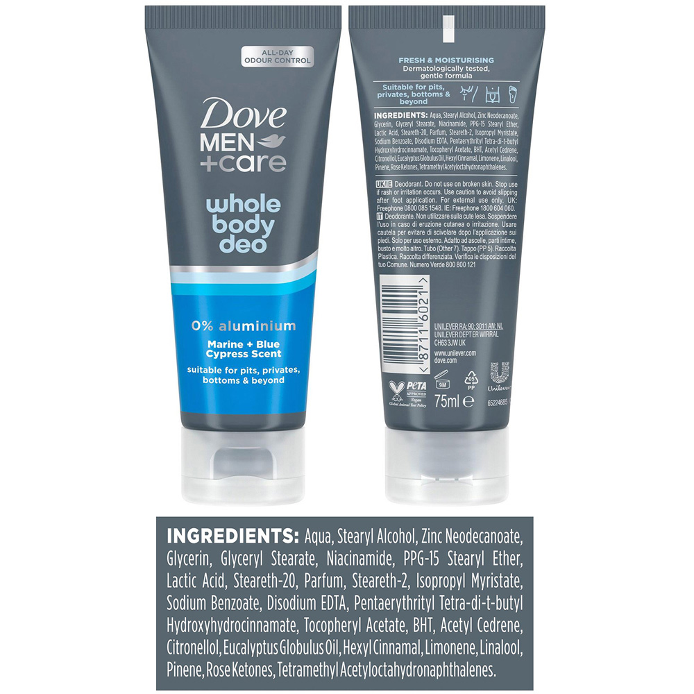 Dove Men+Care Whole Body Marine and Blue Cypress Deodorant Cream 75ml 6 pack Image 6