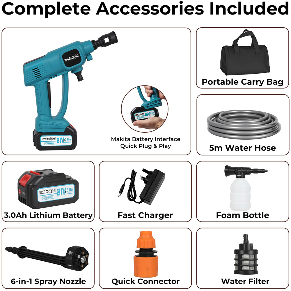 Traderight HW0296-UK 50 Bar Cordless Handheld Car Pressure Washer with Accessories Image 8