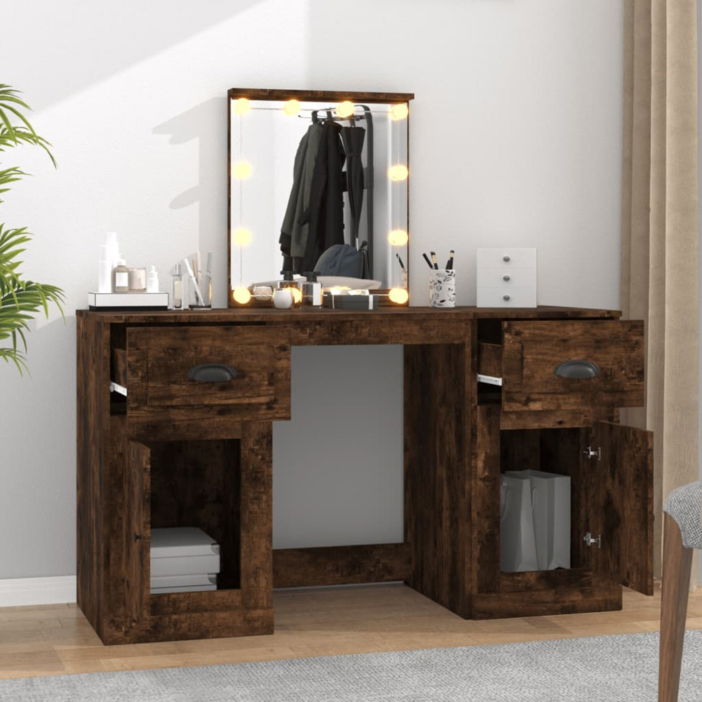 vidaXL 2 Door 2 Drawer Smoked Oak Dressing Table with LED Mirror Image 8