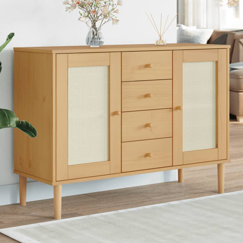 vidaXL Senja 2 Door 4 Drawer Brown Solid Pine Wood Rattan Look Sideboard Image 1