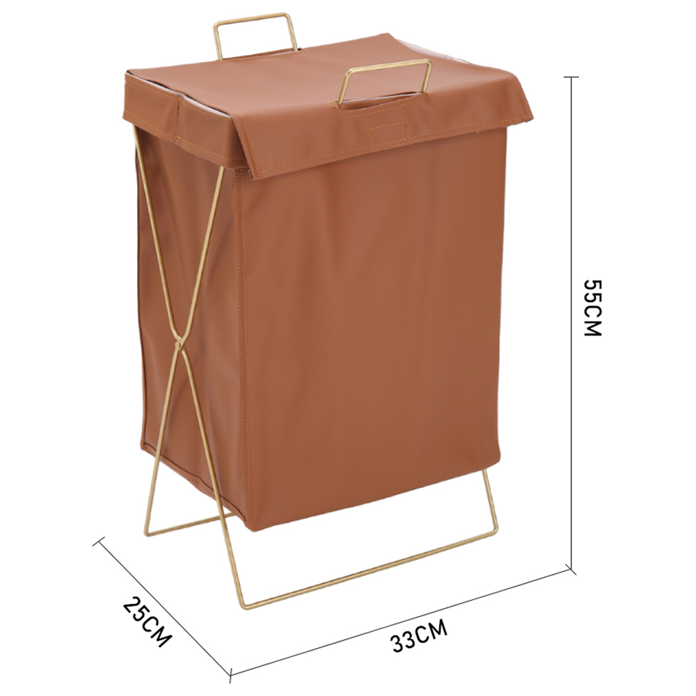 Living and Home Brown Metal Frame PU Leather Collapsible Laundry Basket with Lid Image 8