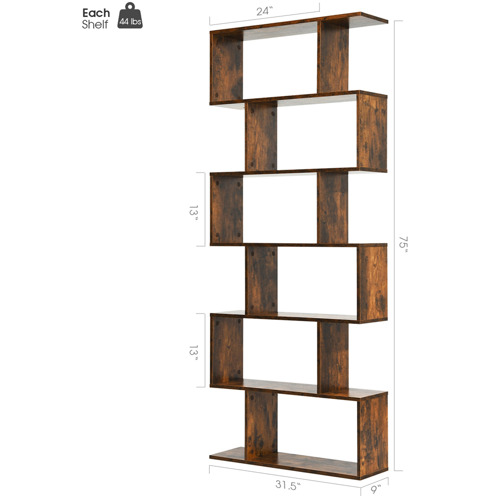 Costway 6 Shelf Brown S Shaped Wooden Industrial Bookshelf Image 9