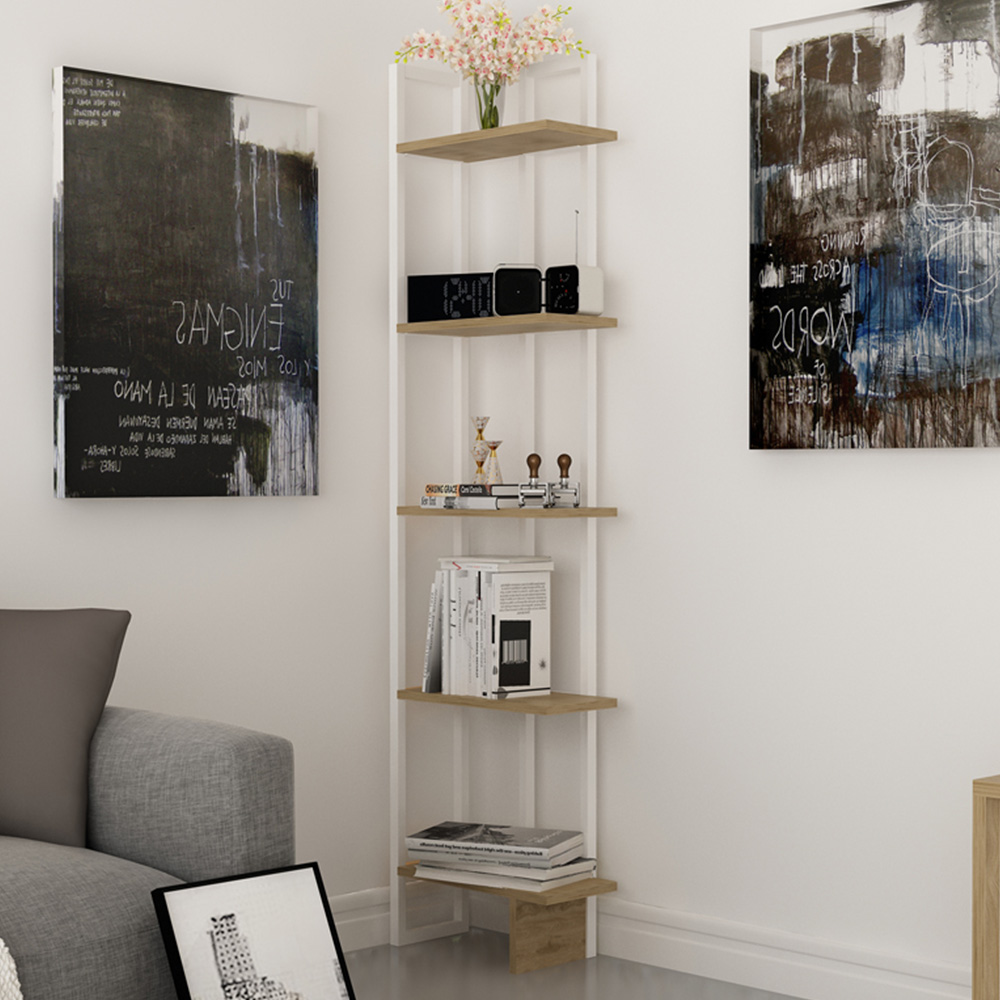 Decorotika Alice 5 Tier White and Oud Oak Corner Bookshelf Image 1