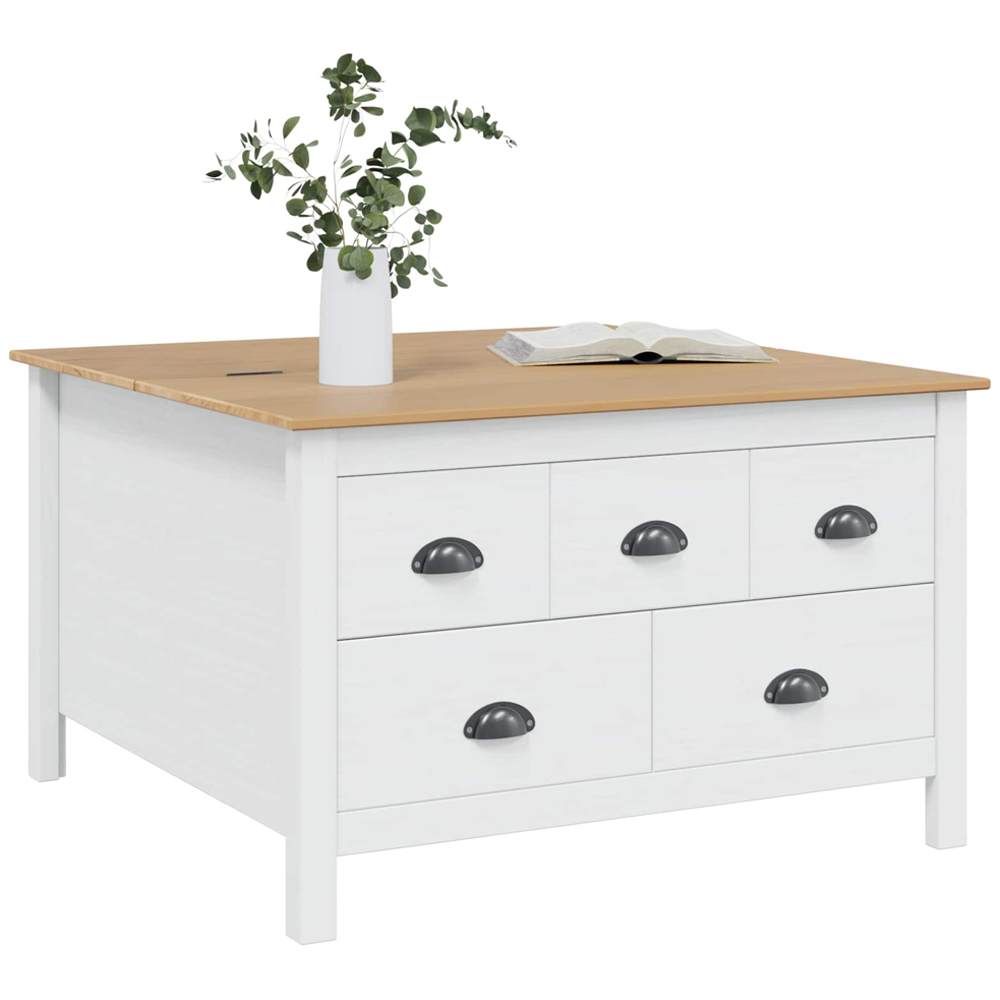 vidaXL Hill 5 Drawer White and Honey Brown Solid Pine Wood Coffee Table Image 3