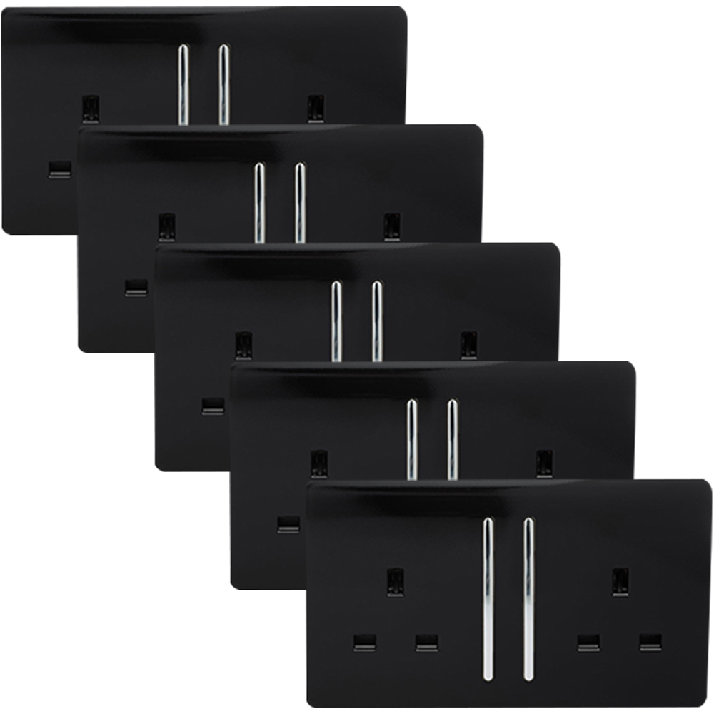 Trendi Switch 2 Gang Long Switch Piano Black Plug Socket 5 Pack Image 1